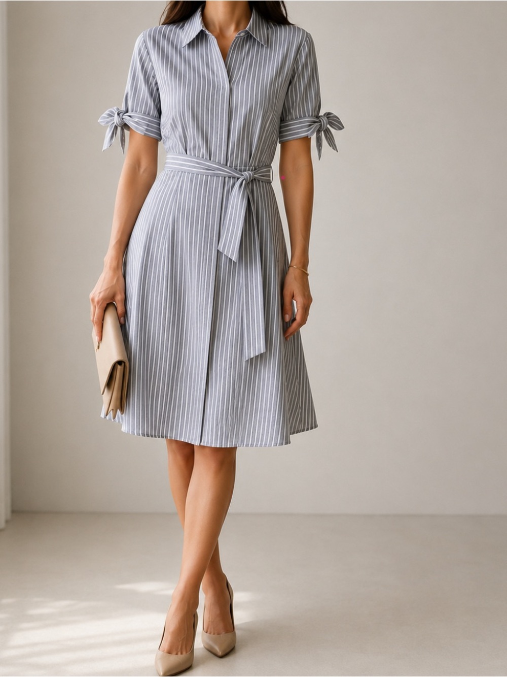 NWT Calvin Klein Light Gray Pinstripe Shirt Dress Belted size Medium